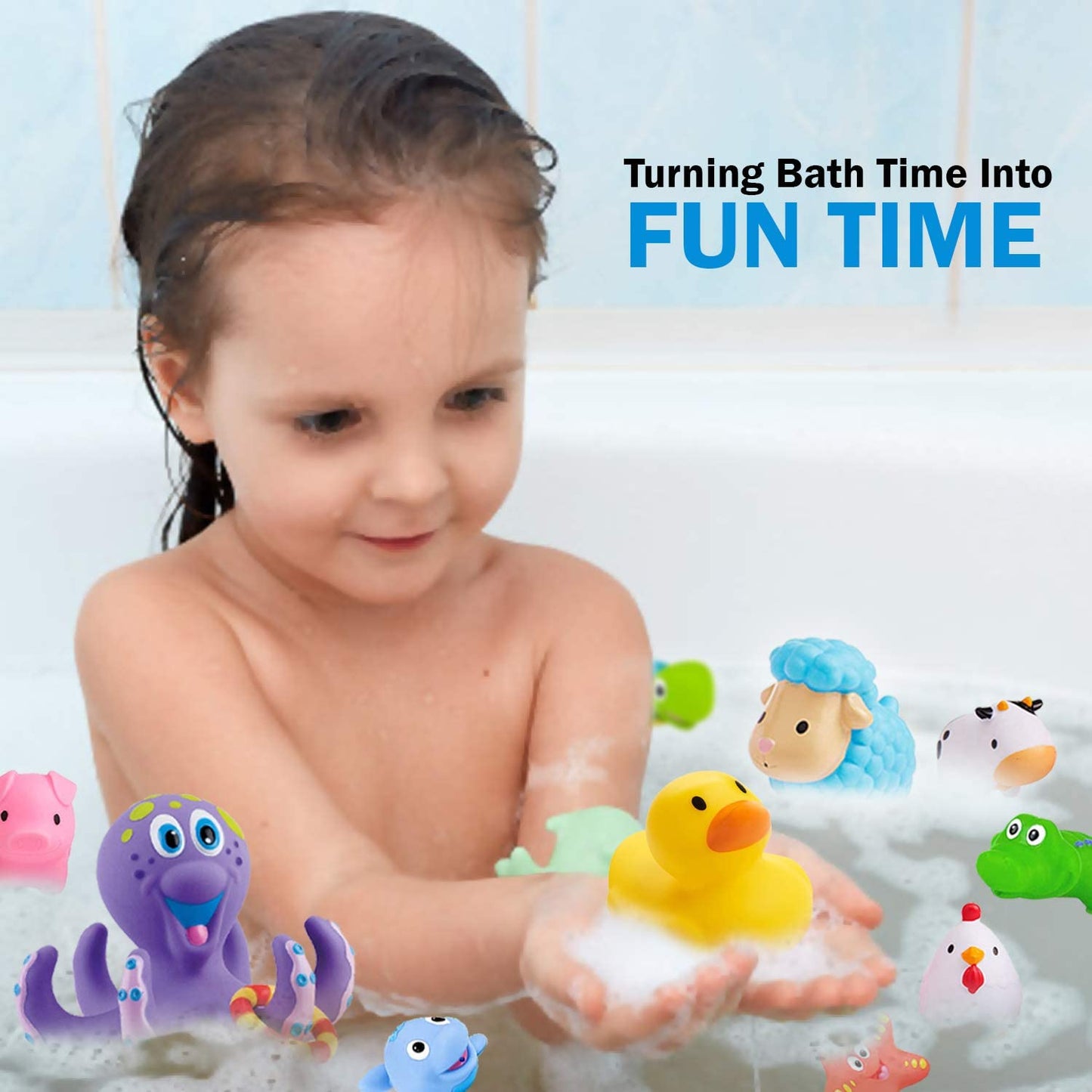 ToeZee Bath Toys for Boys & Girls | Bathtub Water Toyset with Munchkin White Hot Safety Bath Ducky, Squirtin Barn Buddies, Nuby Octopus, Little Squirt & Bath Toy Organizer with Suction Cups