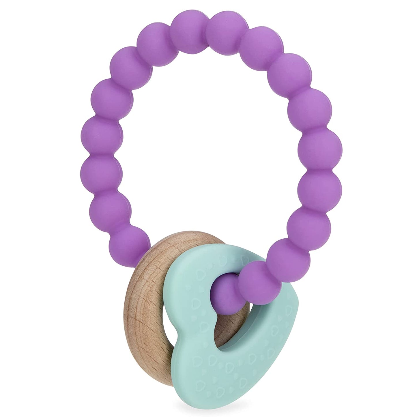 Nuby Natural Wood & Silicone Teether: 3 M+, Heart Bracelet, Pink (80679)