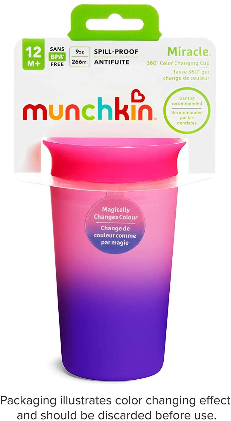 Munchkin Miracle 360 Color Changing Sippy Cup, 9 Oz (3 Pack, Blue/Yellow/Pink)