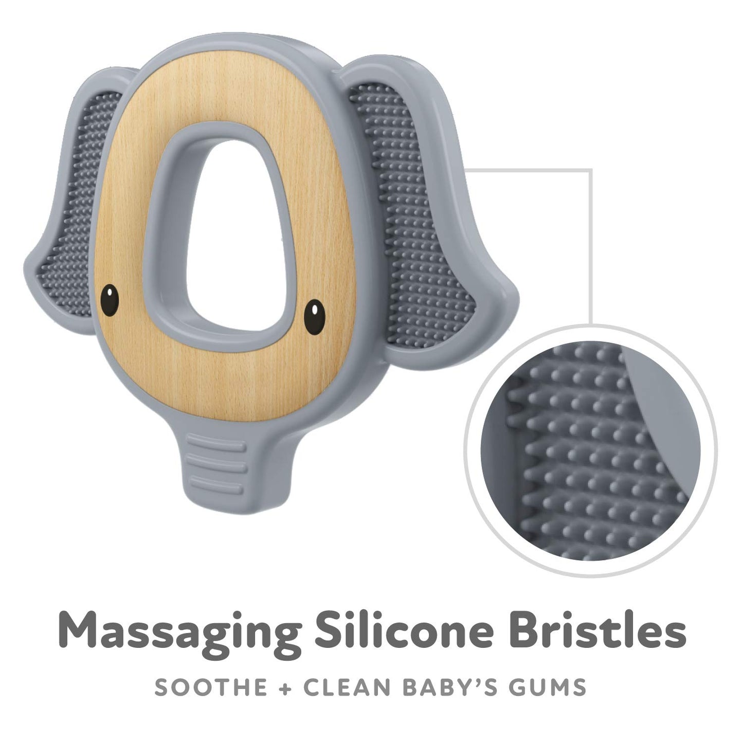 Nuby Natural Wood & Silicone Teether: Elephant, 3M+, Gray (80802)