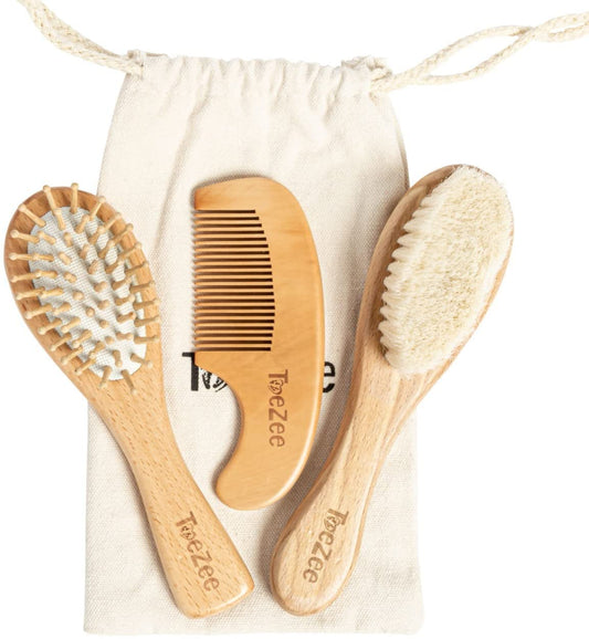 ToeZee Wooden Baby Hair Brush Set | Infant, Toddler Baby Hair Products Including Soft Goat Hair Brush for Cradle Cap, Bamboo Toddler Hair Brush, Hairbrush Comb for Scalp Grooming with Travel Bag