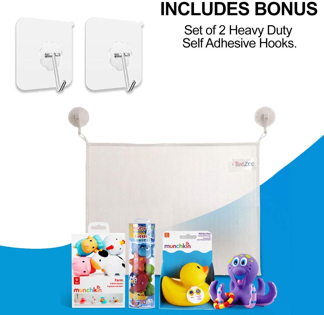 ToeZee Bath Toys for Boys & Girls | Bathtub Water Toyset with Munchkin White Hot Safety Bath Ducky, Squirtin Barn Buddies, Nuby Octopus, Little Squirt & Bath Toy Organizer with Suction Cups