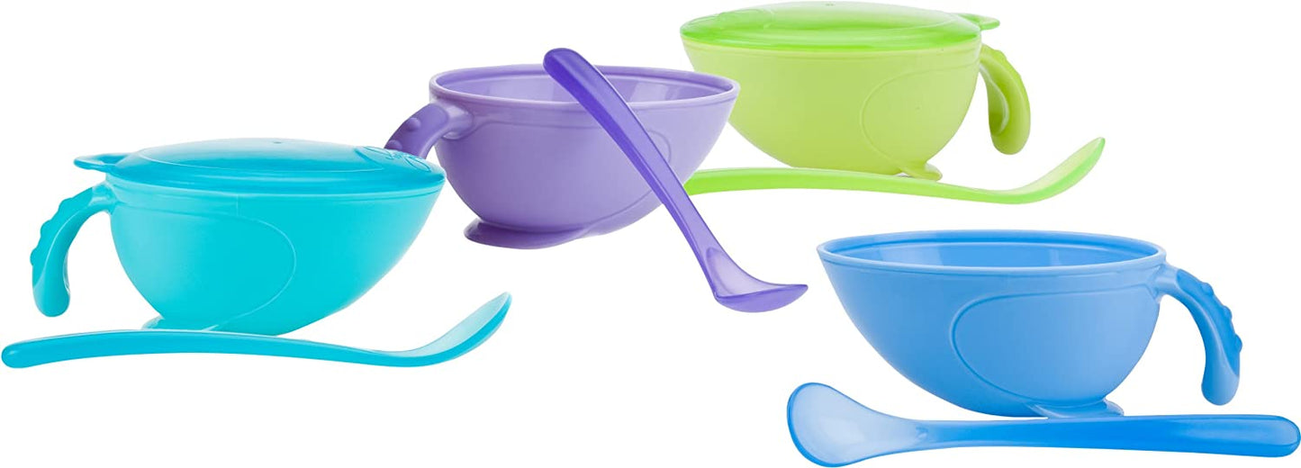 Nuby, Non-Skid Comfort Grip Baby Food Plastic Feeding Bowl with Lid and Spoon, Colors May Vary