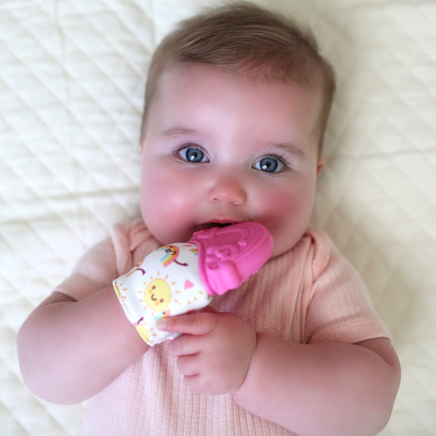 Nuby Happy Hands Silicone Teething Mitten: 3M+, Rainbow, Pink (80725)