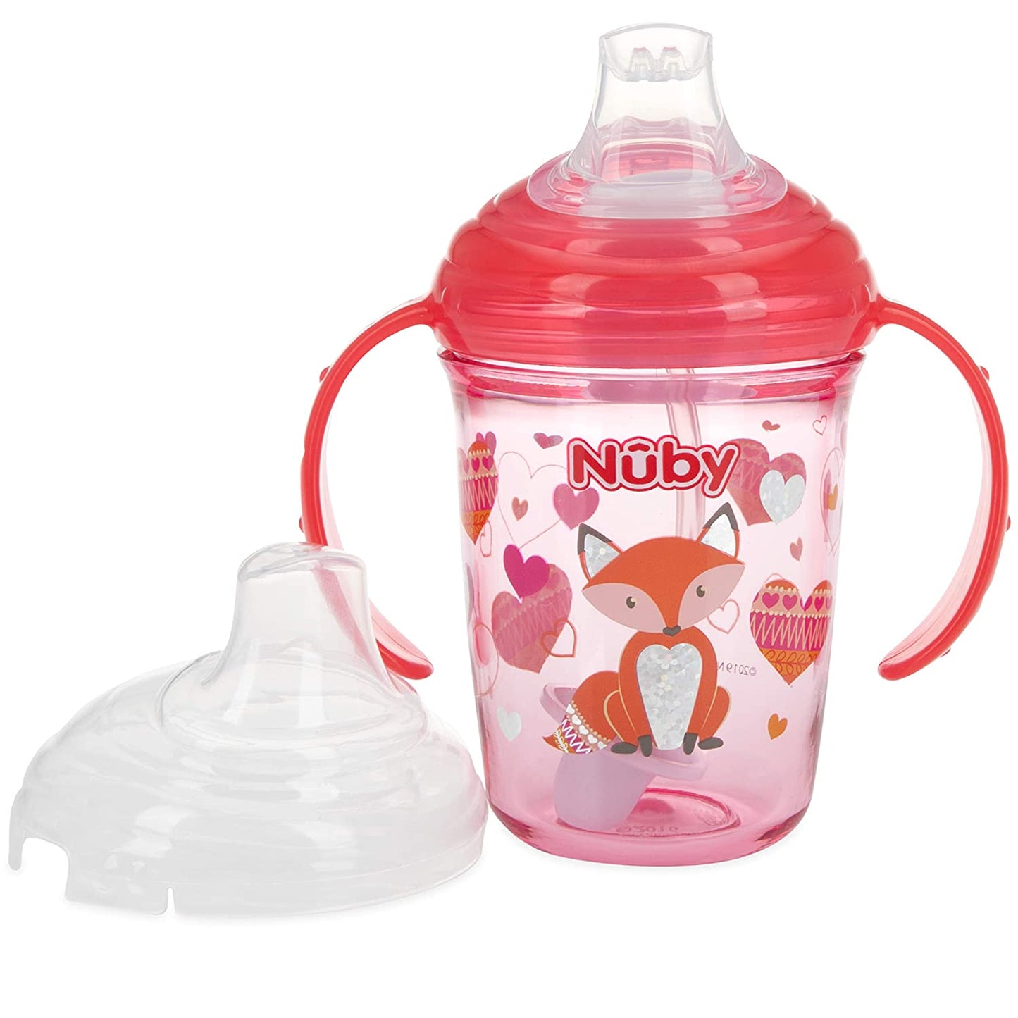 Nuby No Spill Tritan 2 Handle 360 Weighted Straw Glitter Print - Spout Cup, 8oz/ 240 Ml /4 Months +, Colors Vary: Blue Space, Red Dinosaur, Pink Fox, Green Swan