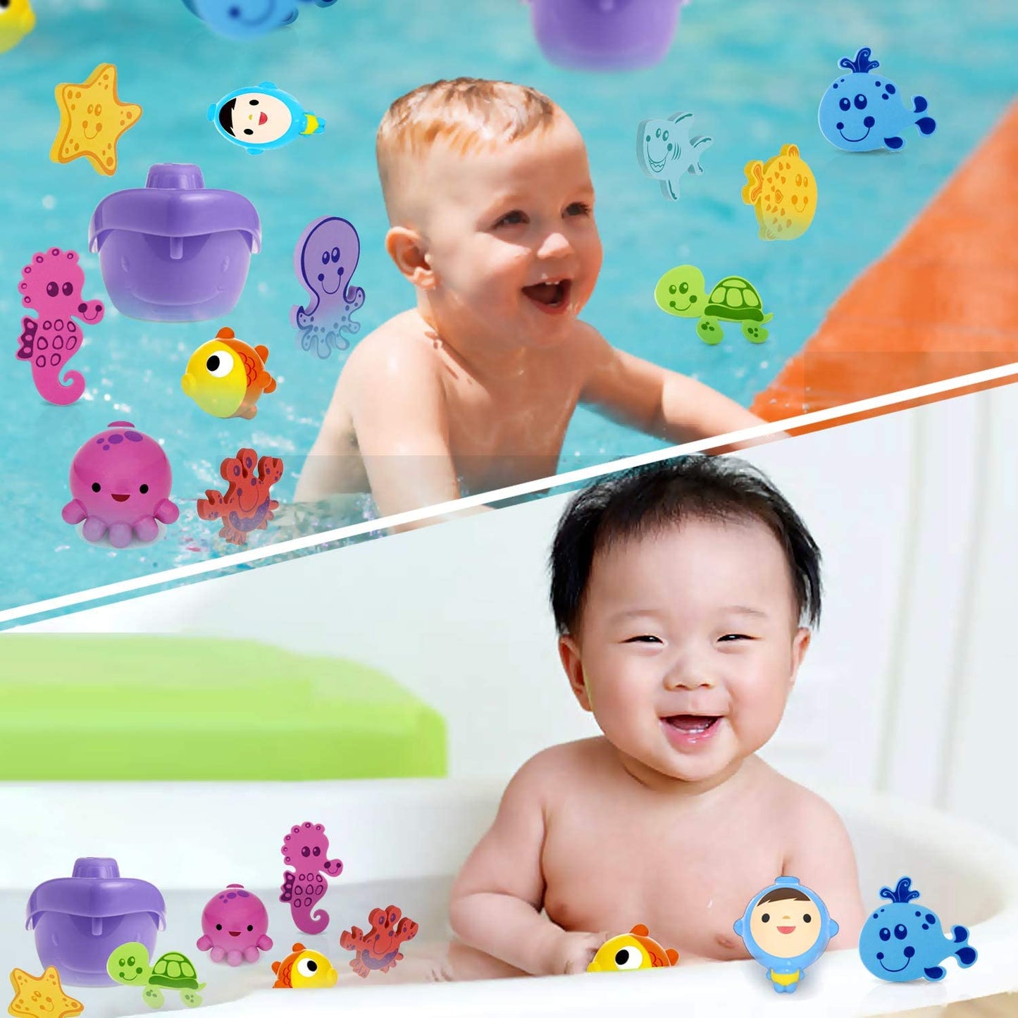 ToeZee Bath Toys for Boys & Girls | Bathtub Water Toyset with Nuby 16-Piece Floating Foam Bath Animals, Munchkin Fishin' Bath Toy, Little Boat Train Set & Bath Toy Organizer with Suction Cups