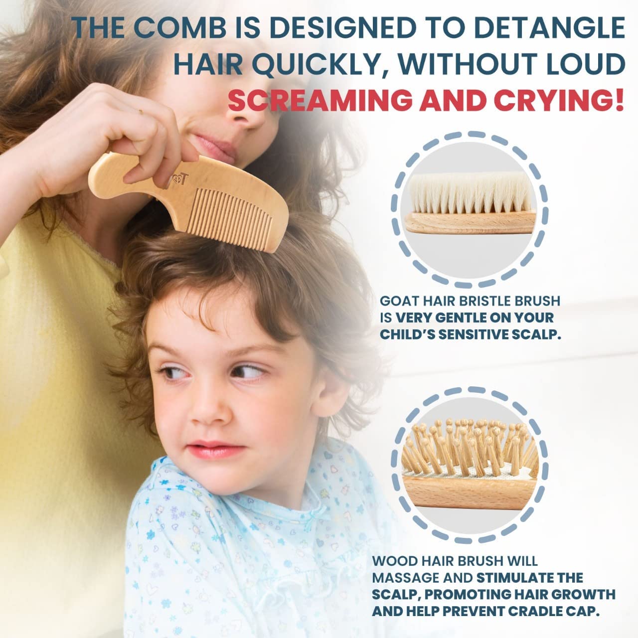 ToeZee Wooden Baby Hair Brush Set | Infant, Toddler Baby Hair Products Including Soft Goat Hair Brush for Cradle Cap, Bamboo Toddler Hair Brush, Hairbrush Comb for Scalp Grooming with Travel Bag