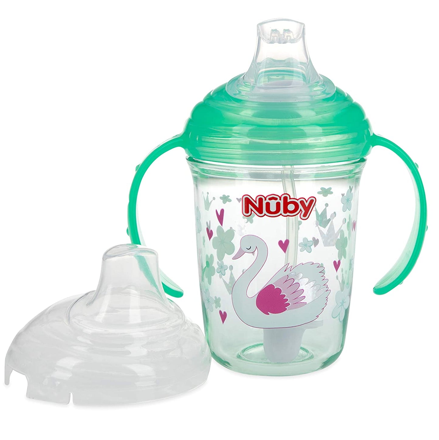 Nuby No Spill Tritan 2 Handle 360 Weighted Straw Glitter Print - Spout Cup, 8oz/ 240 Ml /4 Months +, Colors Vary: Blue Space, Red Dinosaur, Pink Fox, Green Swan