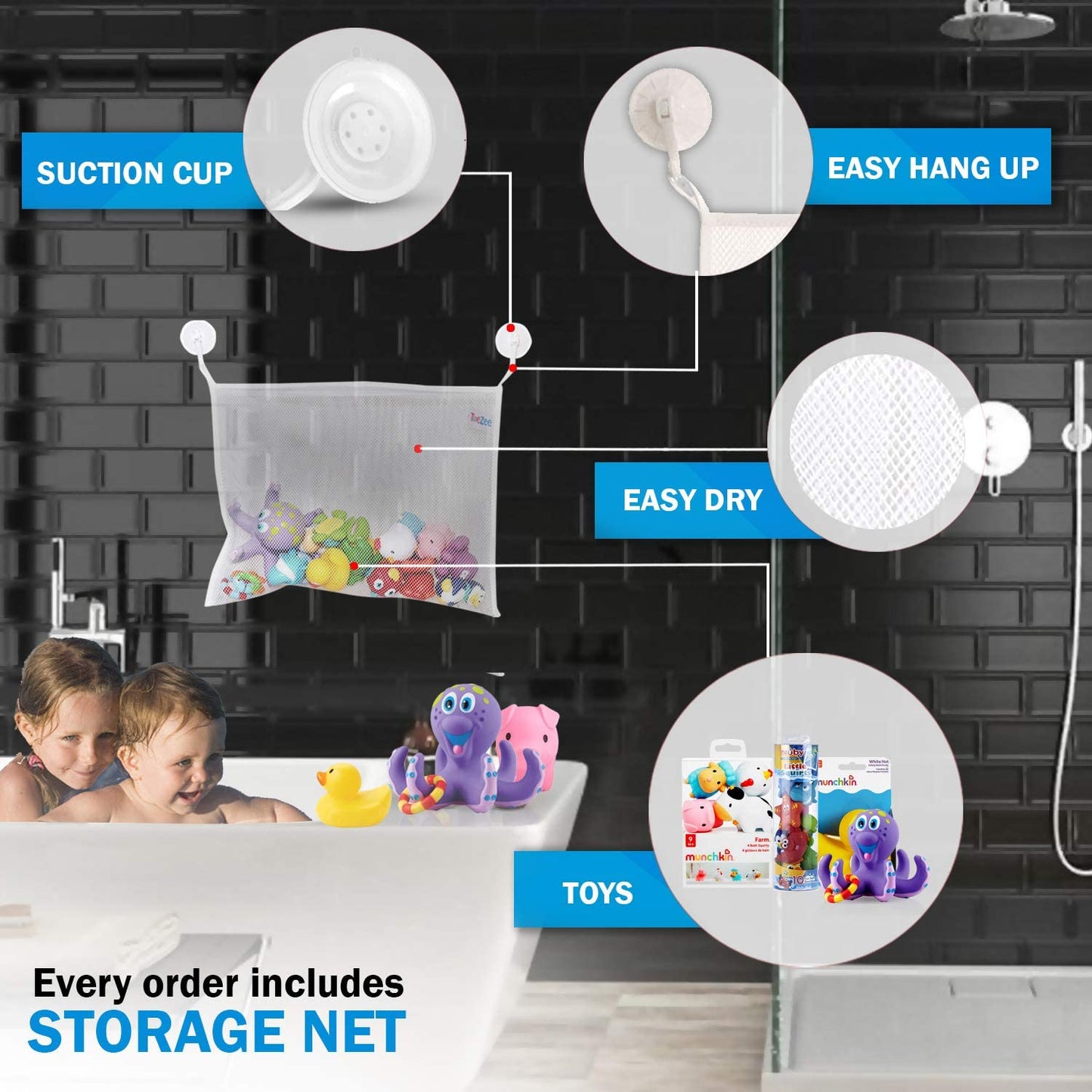 ToeZee Bath Toys for Boys & Girls | Bathtub Water Toyset with Munchkin White Hot Safety Bath Ducky, Squirtin Barn Buddies, Nuby Octopus, Little Squirt & Bath Toy Organizer with Suction Cups