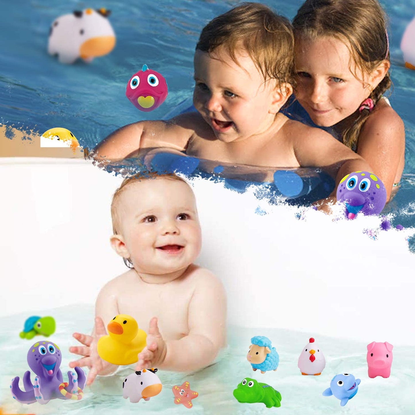ToeZee Bath Toys for Boys & Girls | Bathtub Water Toyset with Munchkin White Hot Safety Bath Ducky, Squirtin Barn Buddies, Nuby Octopus, Little Squirt & Bath Toy Organizer with Suction Cups