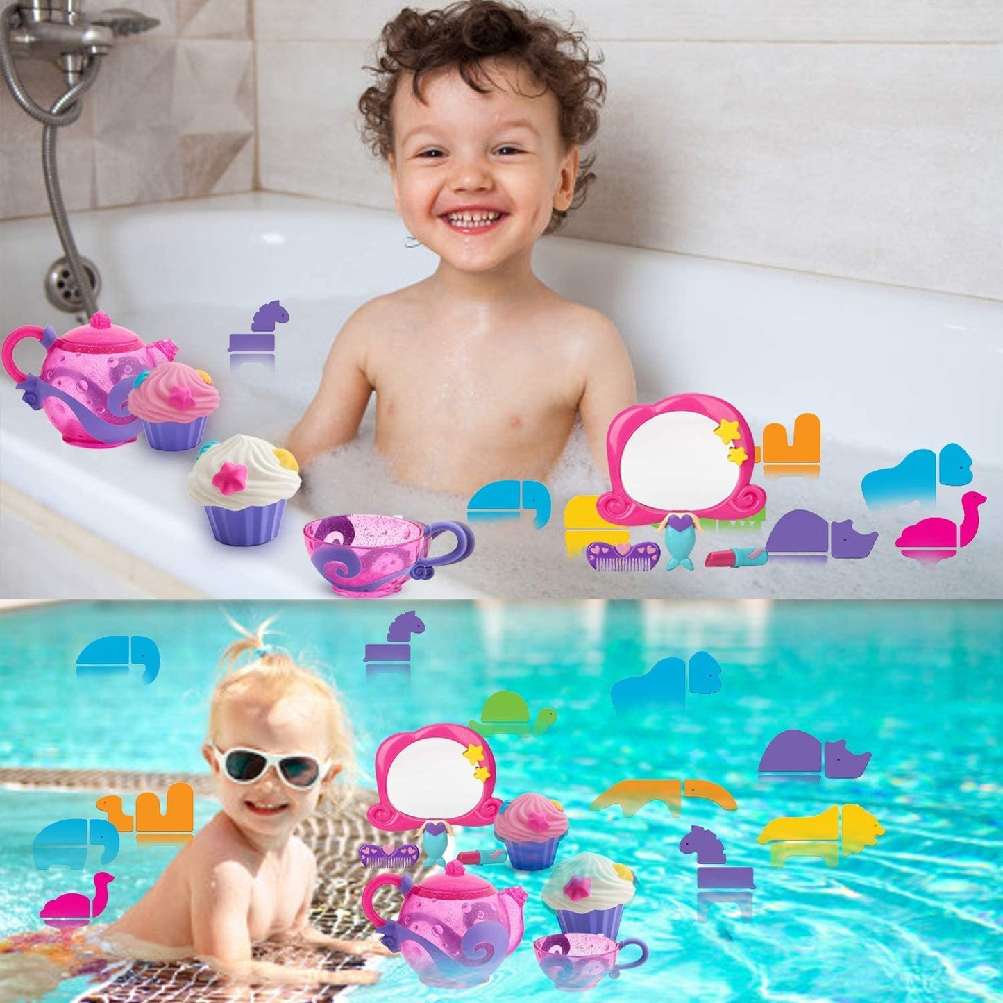 ToeZee Bath Toys for Boys & Girls | Bathtub Water Toyset - Nuby Mermaid Mirror Bath Toy Set, Munchkin Bath Tea and Cupcake Set, 33-Piece Safari Animals Bath Toy Set & Bath Toy Organizer - Suction Cups