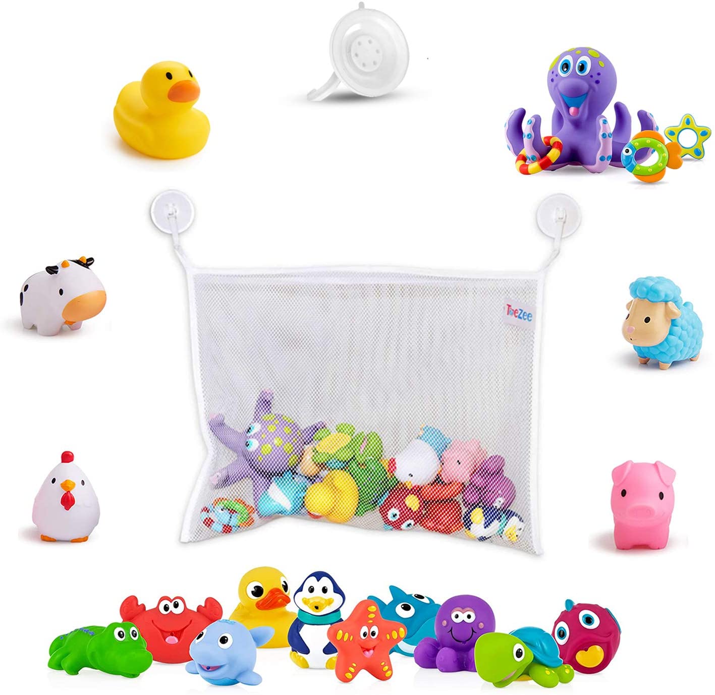 ToeZee Bath Toys for Boys & Girls | Bathtub Water Toyset with Munchkin White Hot Safety Bath Ducky, Squirtin Barn Buddies, Nuby Octopus, Little Squirt & Bath Toy Organizer with Suction Cups