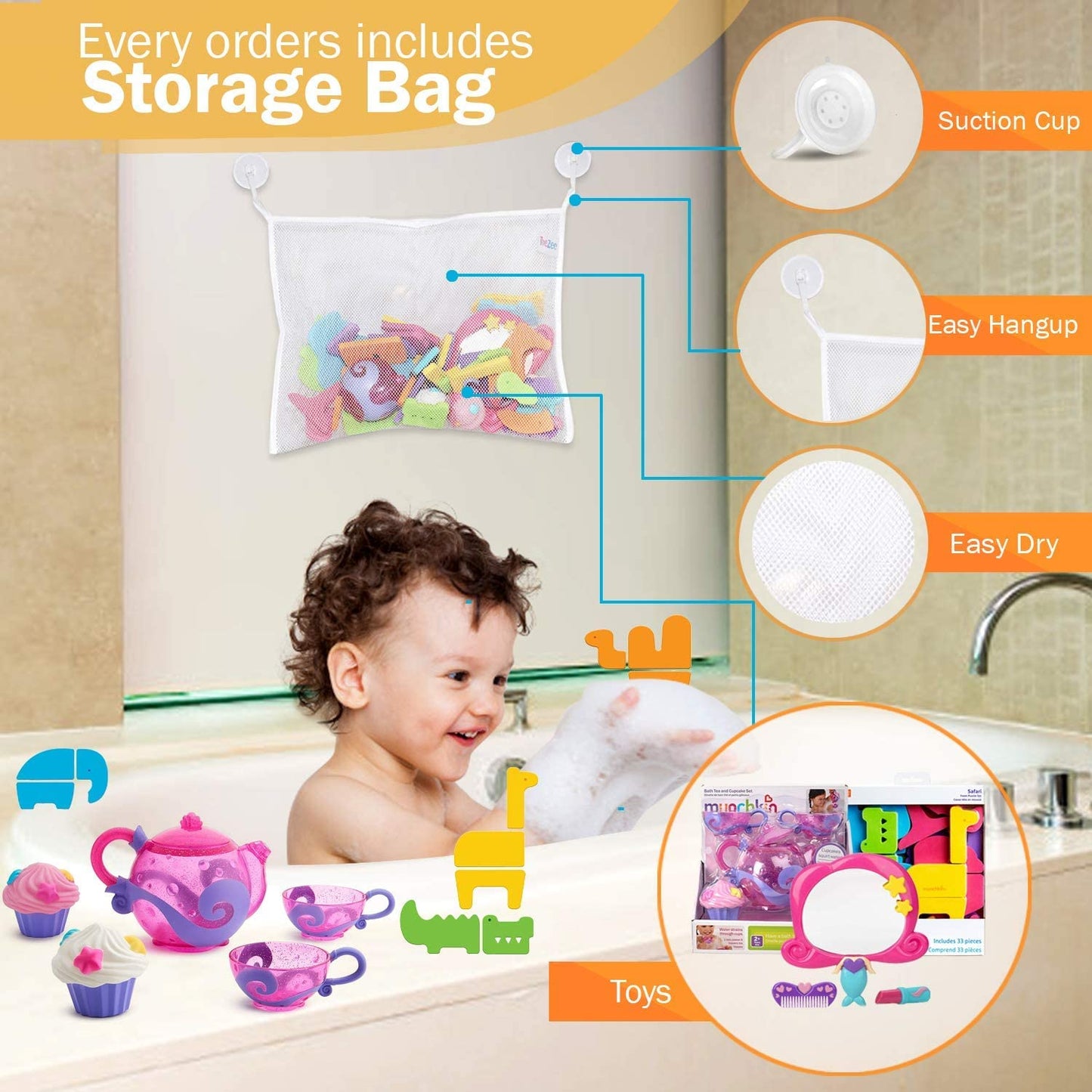 ToeZee Bath Toys for Boys & Girls | Bathtub Water Toyset - Nuby Mermaid Mirror Bath Toy Set, Munchkin Bath Tea and Cupcake Set, 33-Piece Safari Animals Bath Toy Set & Bath Toy Organizer - Suction Cups
