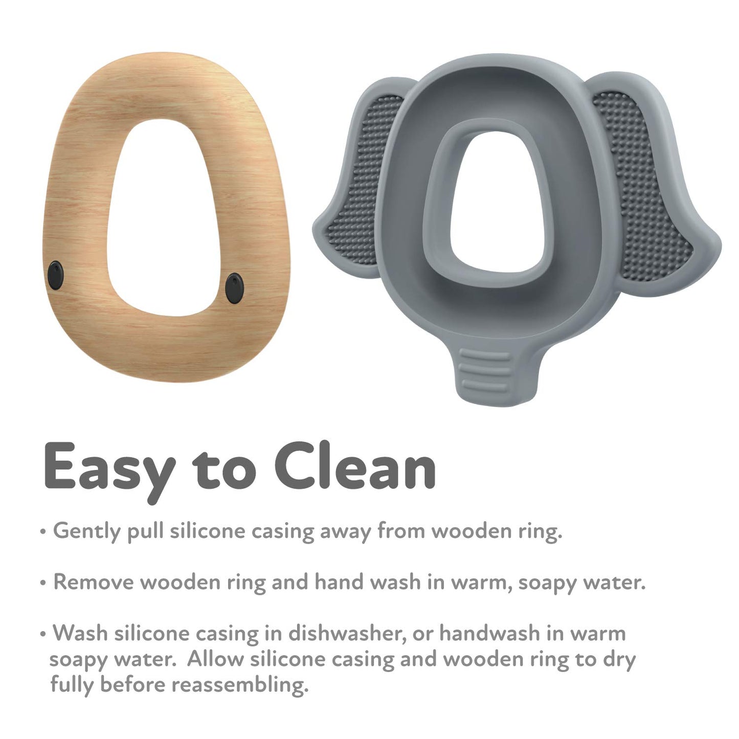 Nuby Natural Wood & Silicone Teether: Elephant, 3M+, Gray (80802)