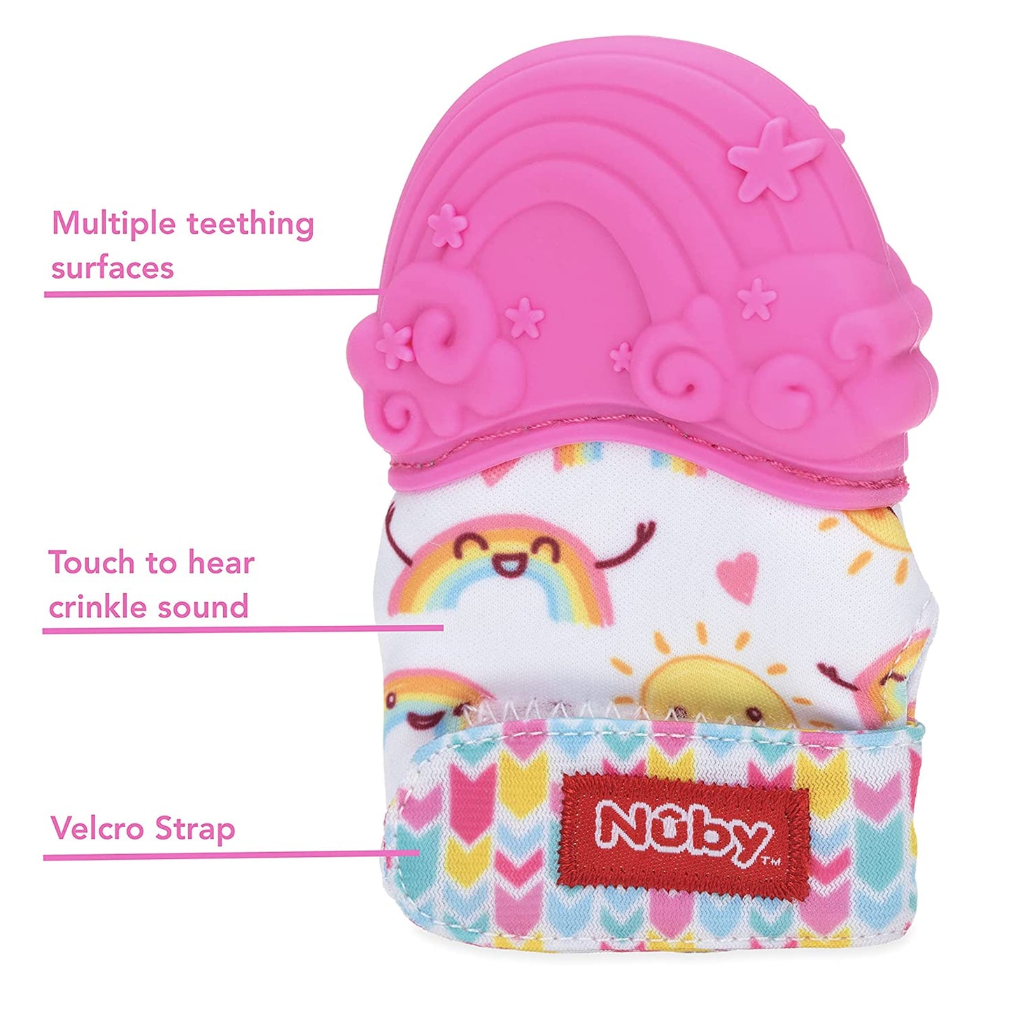 Nuby Happy Hands Silicone Teething Mitten: 3M+, Rainbow, Pink (80725)