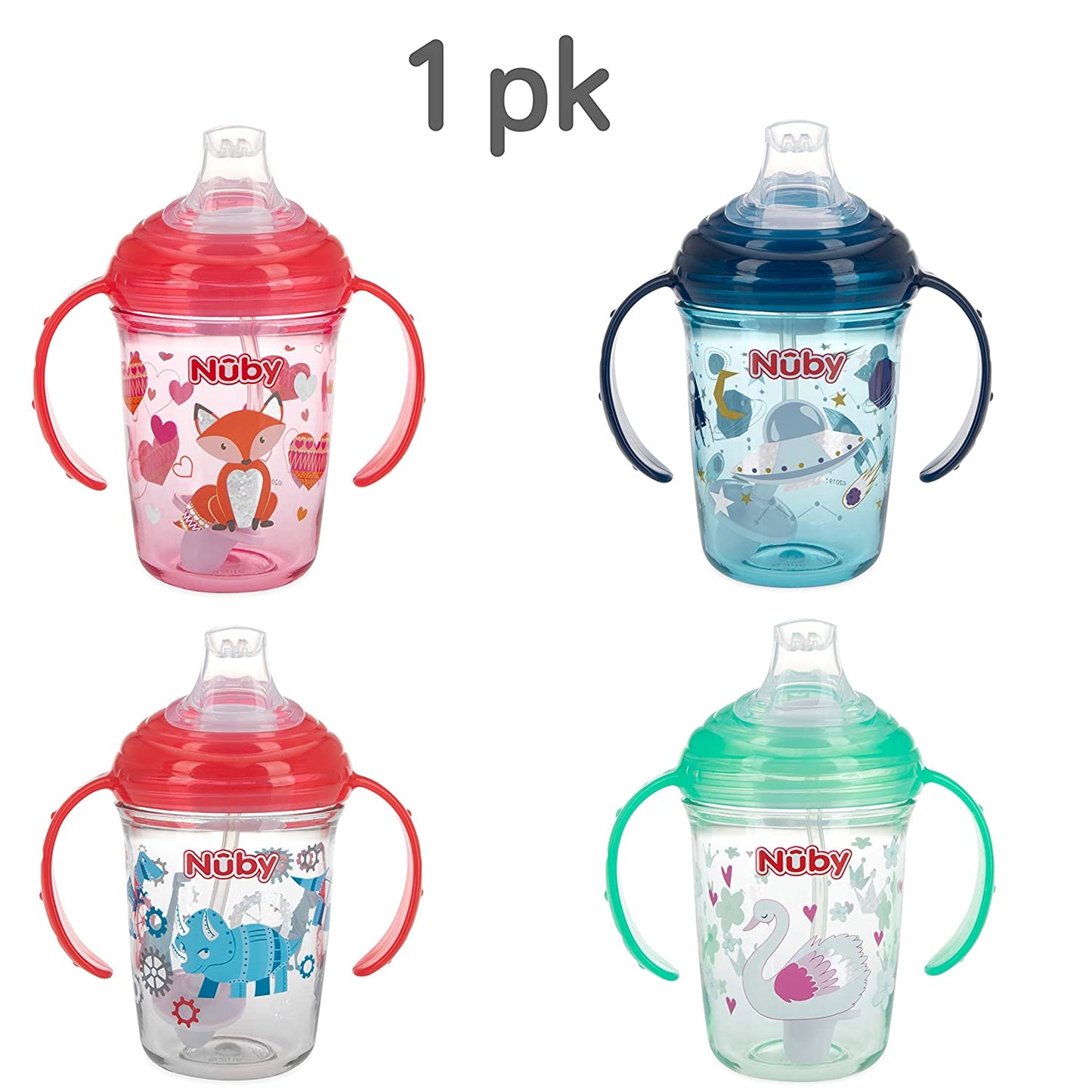 Nuby No Spill Tritan 2 Handle 360 Weighted Straw Glitter Print - Spout Cup, 8oz/ 240 Ml /4 Months +, Colors Vary: Blue Space, Red Dinosaur, Pink Fox, Green Swan