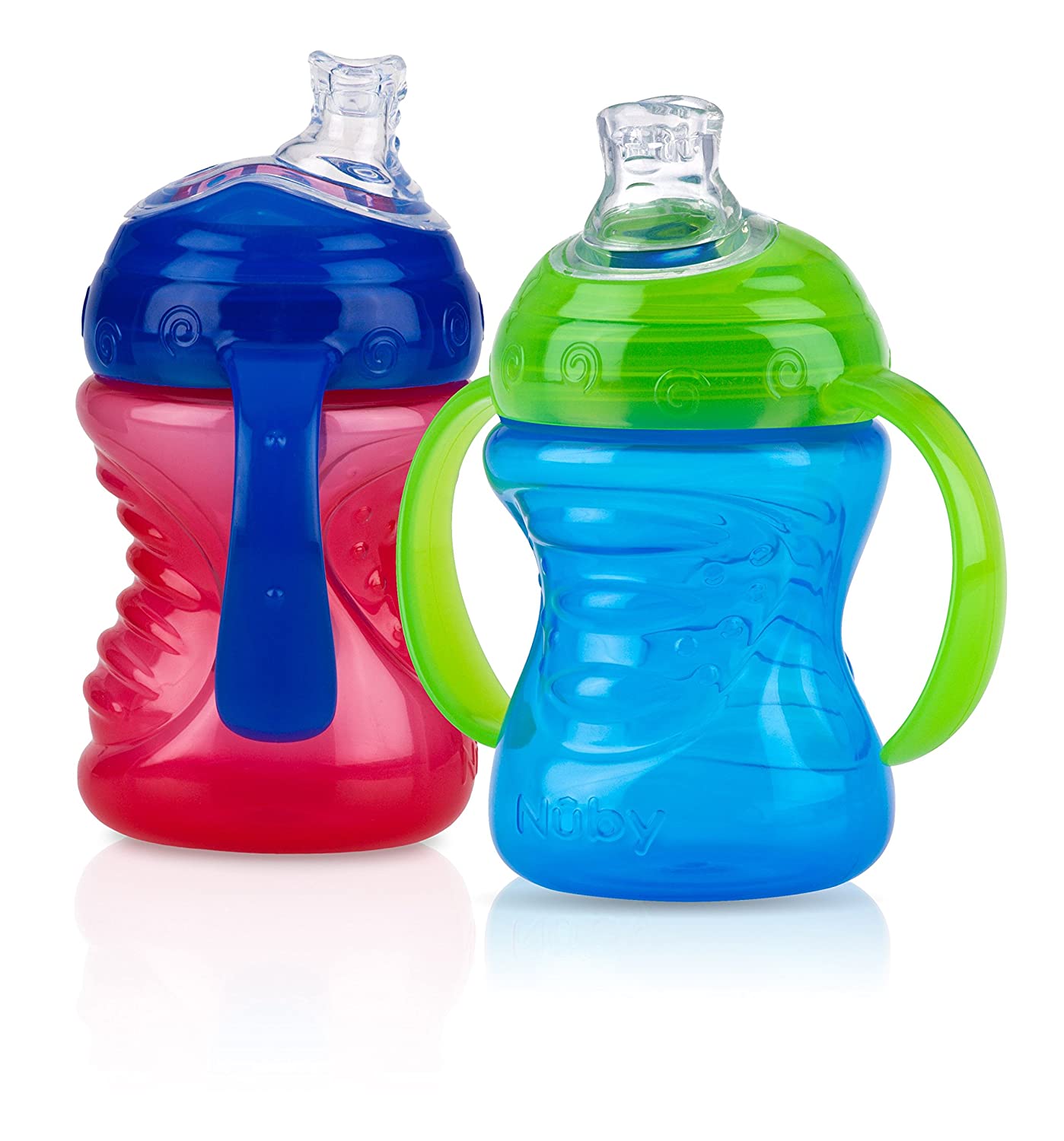 Nuby 2-Pack No-Spill Super Spout Grip N' Sip Cup, Red and Blue