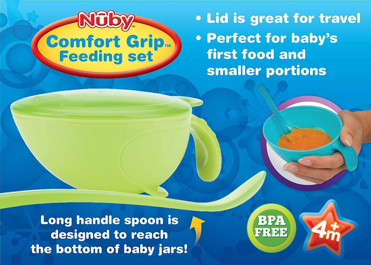 Nuby, Non-Skid Comfort Grip Baby Food Plastic Feeding Bowl with Lid and Spoon, Colors May Vary