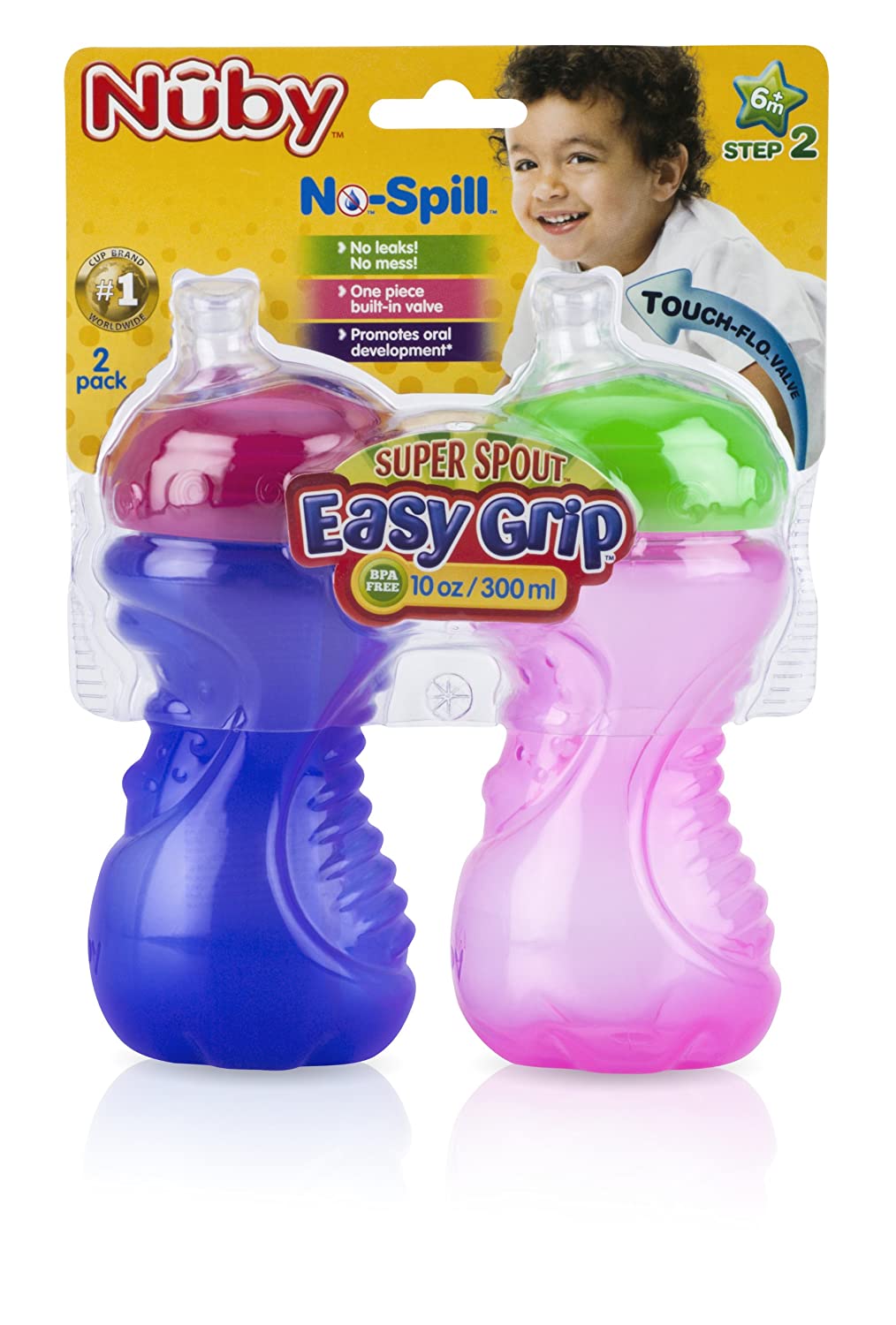 Nuby 2-Pack No-Spill Super Spout Easy Grip Cup, 10 Ounce, Pink and Purple