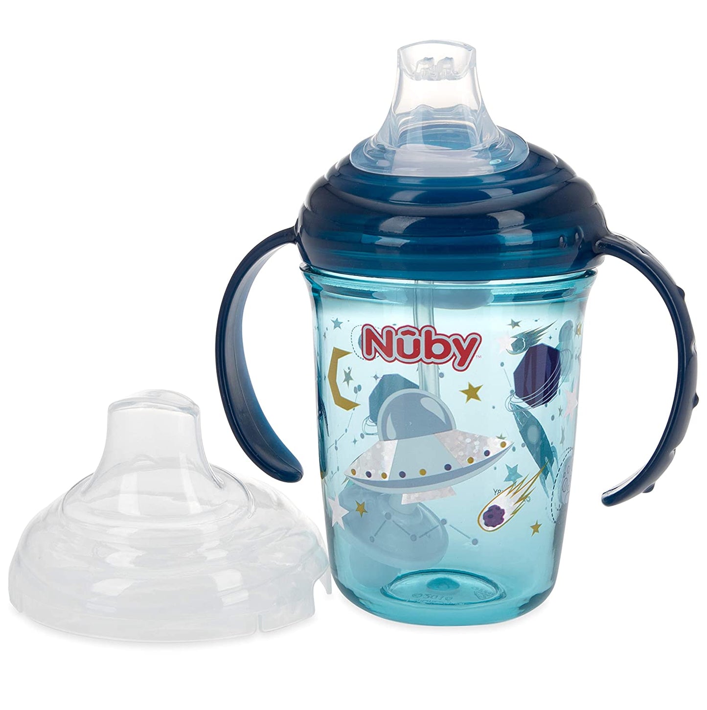 Nuby No Spill Tritan 2 Handle 360 Weighted Straw Glitter Print - Spout Cup, 8oz/ 240 Ml /4 Months +, Colors Vary: Blue Space, Red Dinosaur, Pink Fox, Green Swan