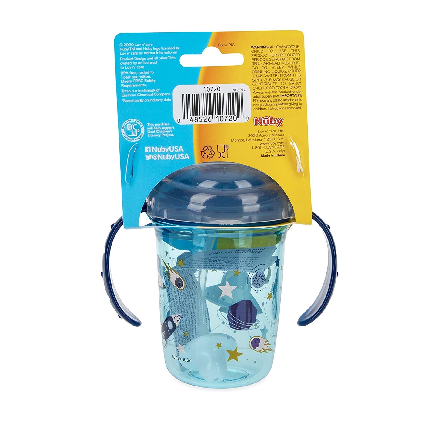 Nuby No Spill Tritan 2 Handle 360 Weighted Straw Glitter Print - Spout Cup, 8oz/ 240 Ml /4 Months +, Colors Vary: Blue Space, Red Dinosaur, Pink Fox, Green Swan