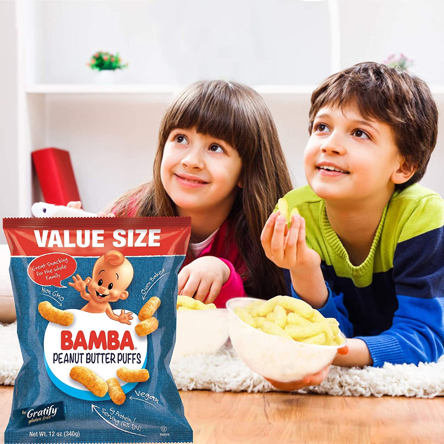 Gratify Bamba Peanut Butter Snacks for Families - All Natural Peanut Butter Puffs Value Size ( 2 pack - 12oz Bags) - Peanut Butter Puffs made with 4 Simple Ingredients. Family Size Bags
