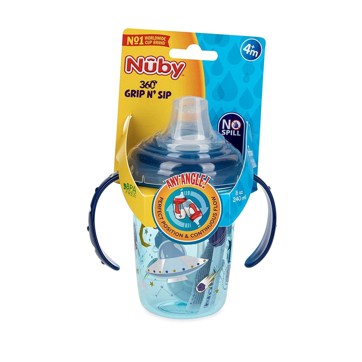 Nuby No Spill Tritan 2 Handle 360 Weighted Straw Glitter Print - Spout Cup, 8oz/ 240 Ml /4 Months +, Colors Vary: Blue Space, Red Dinosaur, Pink Fox, Green Swan