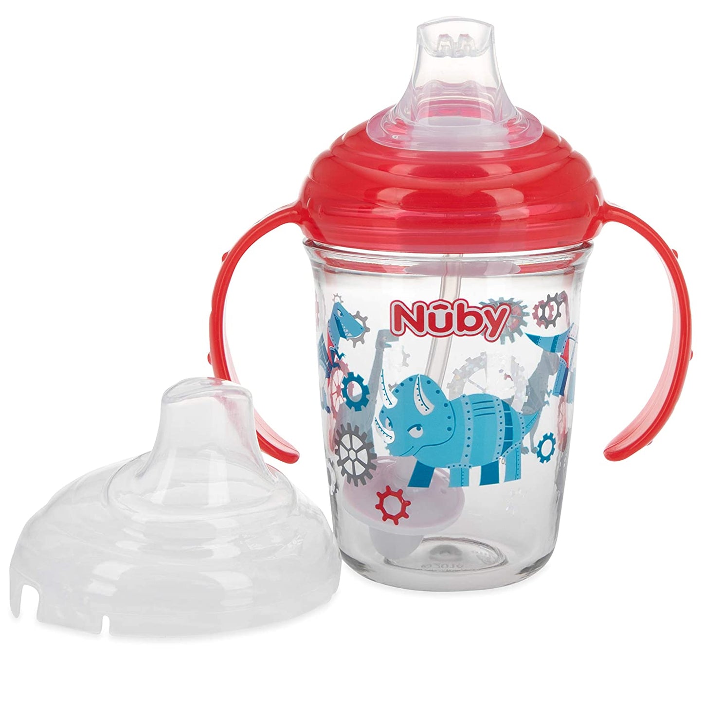 Nuby No Spill Tritan 2 Handle 360 Weighted Straw Glitter Print - Spout Cup, 8oz/ 240 Ml /4 Months +, Colors Vary: Blue Space, Red Dinosaur, Pink Fox, Green Swan