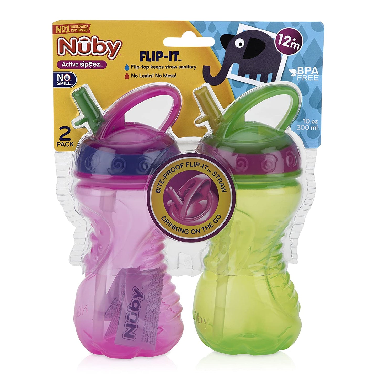 Nuby 2 Count Flip and Tip Hard Straw Cup, 10 Ounce