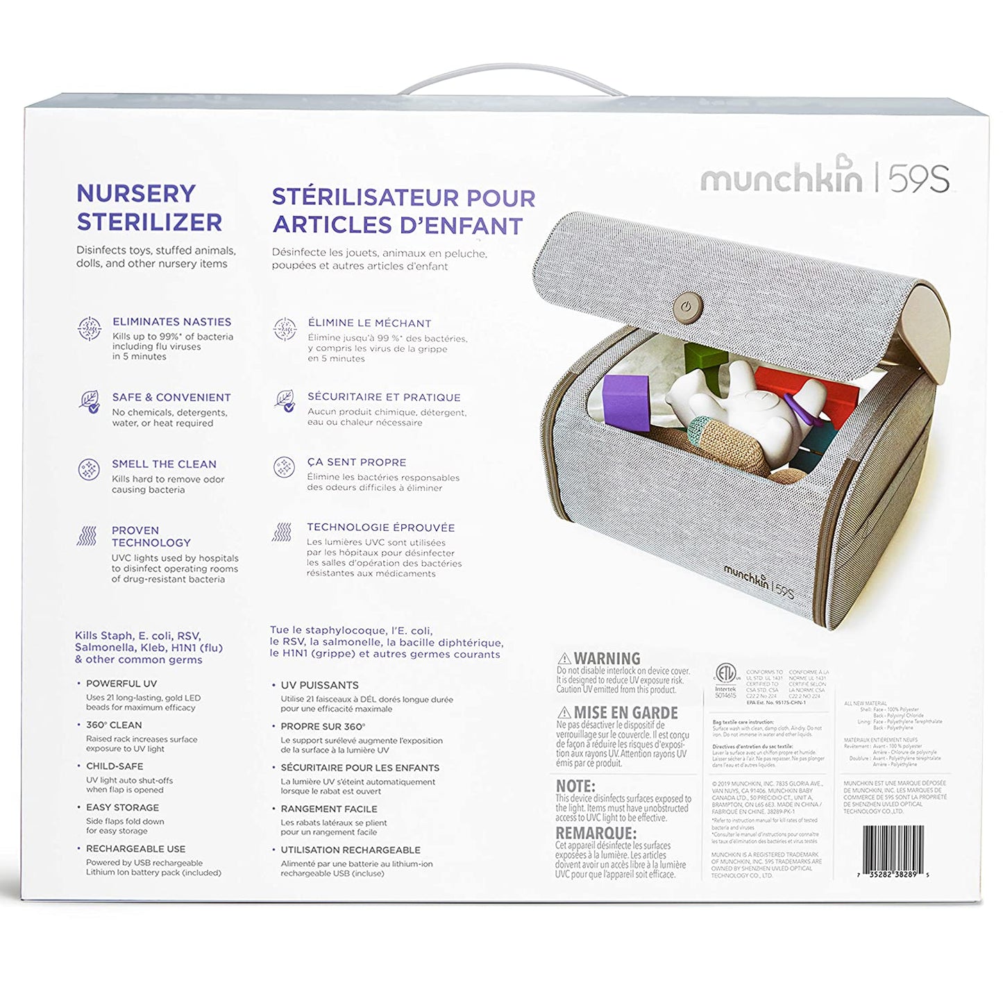 Munchkin UV Sterilizer and Sanitizer Bag, Eliminates up to 99% of Germs, Viruses & Bacteria, 21 UV-C LEDs, Cleaner for Nursery and Toy Baby Products