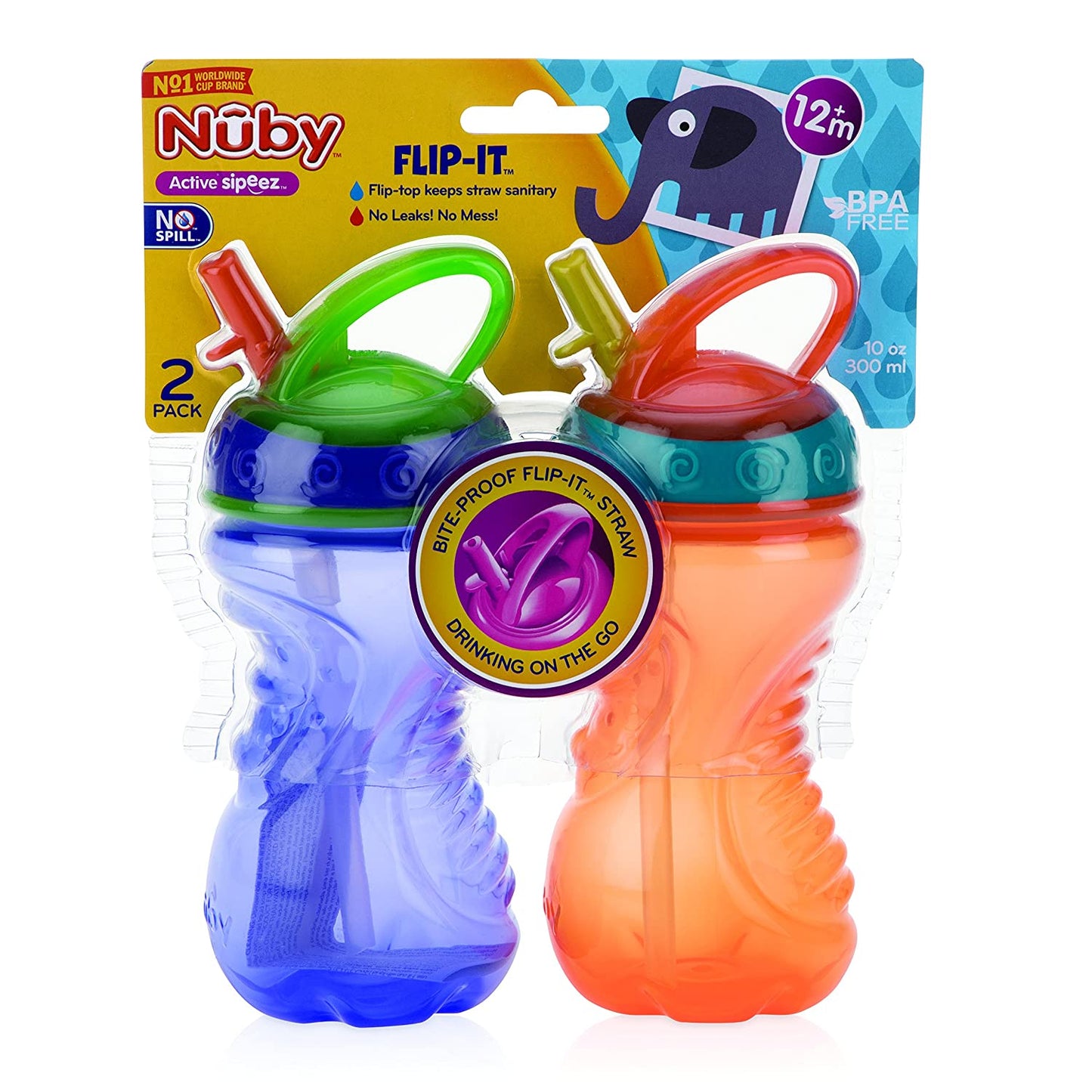 Nuby 2 Count Flip and Tip Hard Straw Cup, 10 Ounce
