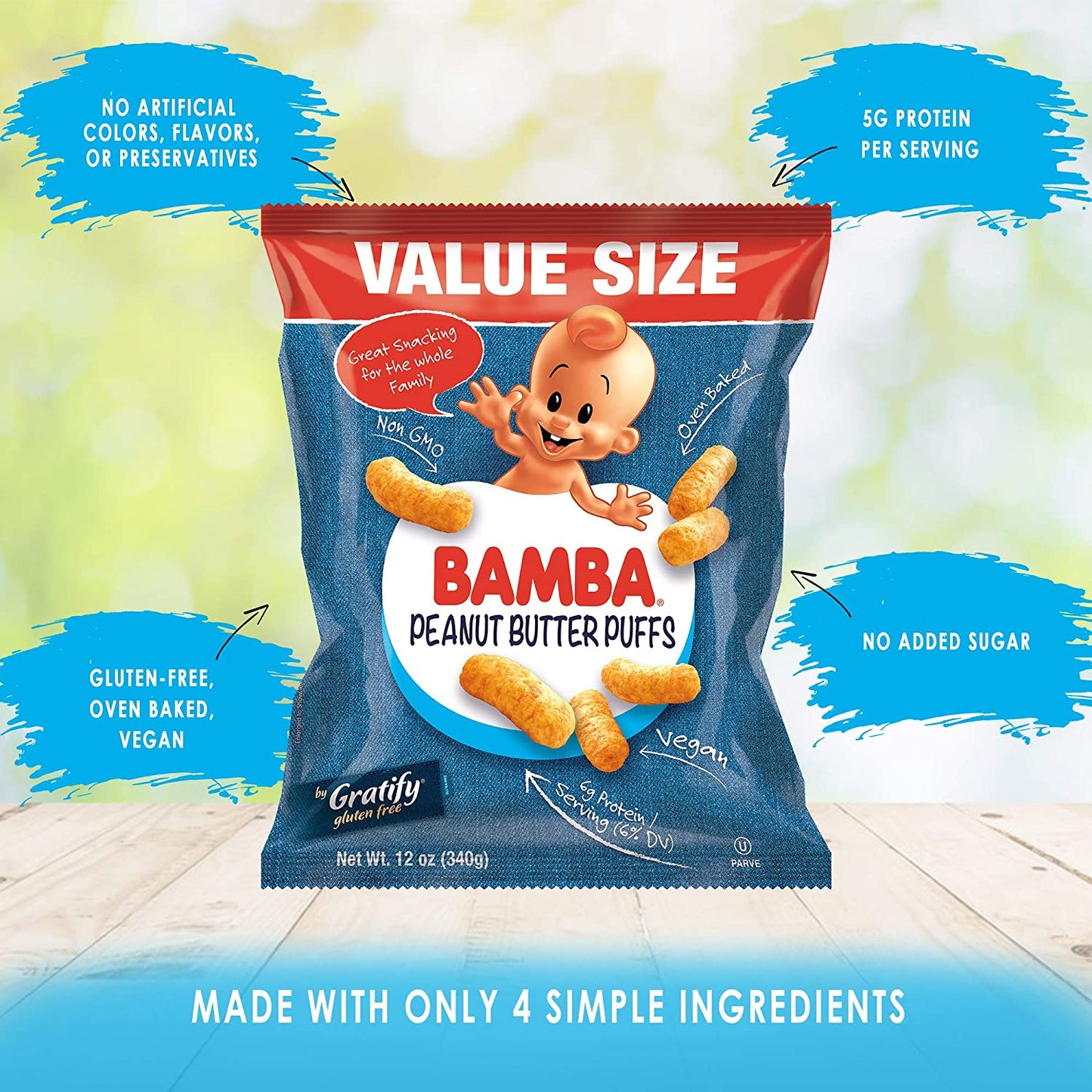 Gratify Bamba Peanut Butter Snacks for Families - All Natural Peanut Butter Puffs Value Size ( 2 pack - 12oz Bags) - Peanut Butter Puffs made with 4 Simple Ingredients. Family Size Bags