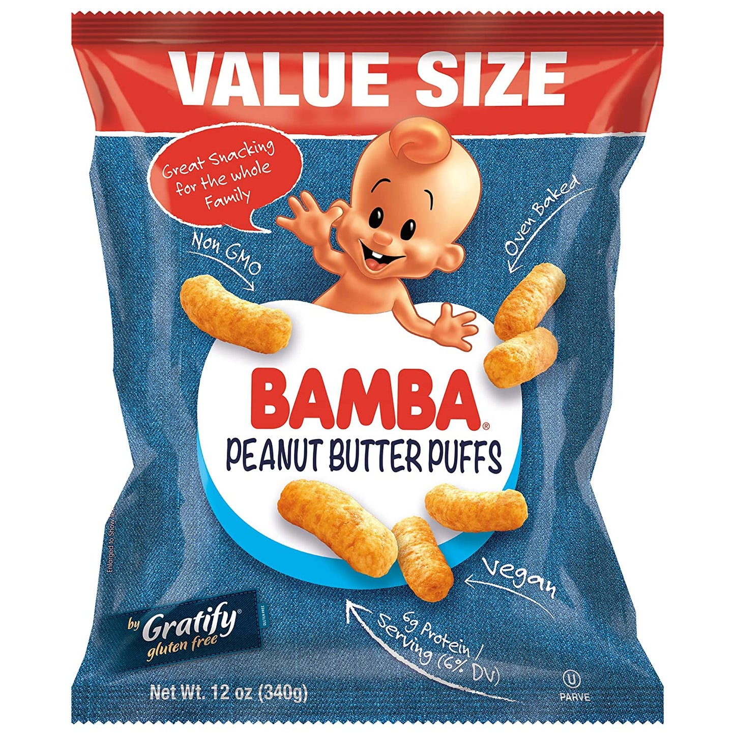 Gratify Bamba Peanut Butter Snacks for Families - All Natural Peanut Butter Puffs Value Size ( 2 pack - 12oz Bags) - Peanut Butter Puffs made with 4 Simple Ingredients. Family Size Bags