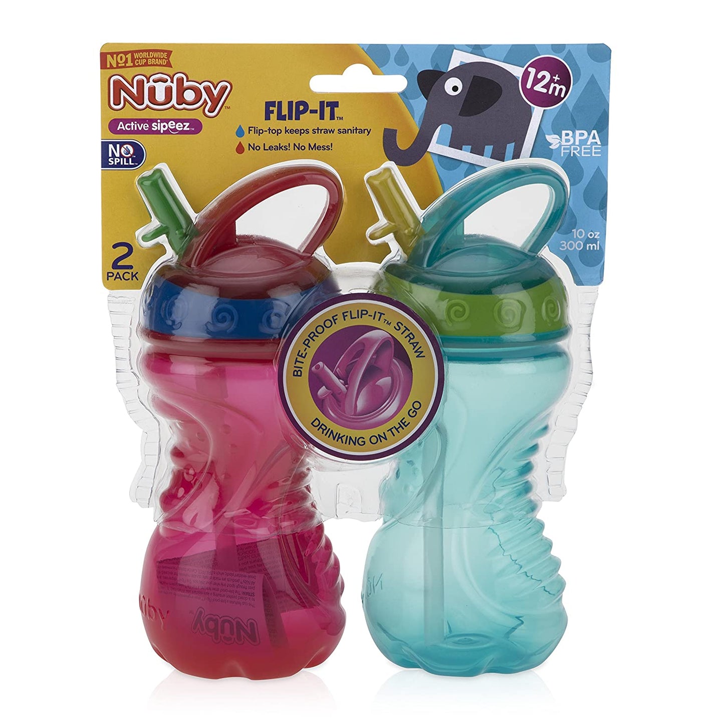 Nuby 2 Count Flip and Tip Hard Straw Cup, 10 Ounce