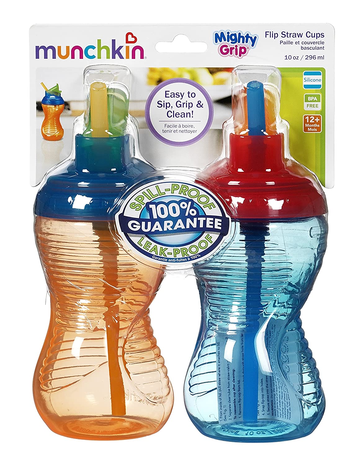 Munchkin Mighty Grip Flip Straw Cups 2-Pack, 10- Ounce (Colors Vary)