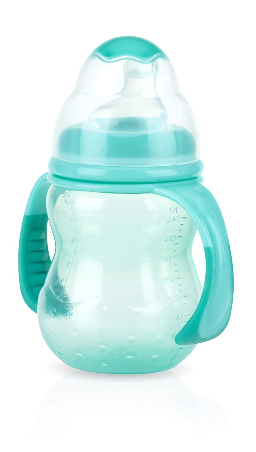 Nuby 3-Stage Wide Neck No Spill Bottle with Handles And Non-Drip Juice Spout, 3 Months, 8 Ounce, Teal
