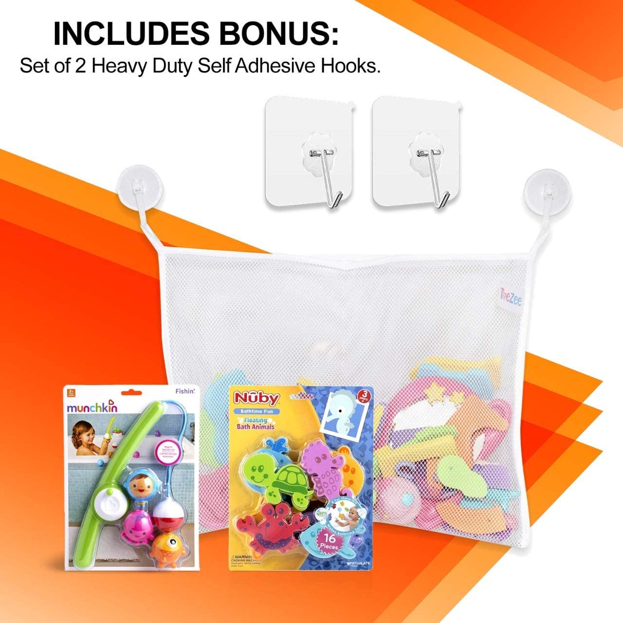 ToeZee Bath Toys for Boys & Girls Bathtub Water Toyset with Nuby 16-Piece Floating Foam Bath Animals, Munchkin Fishin' Bath Toy, Little Boat Train Set & Bath Toy Organizer with Suction Cups