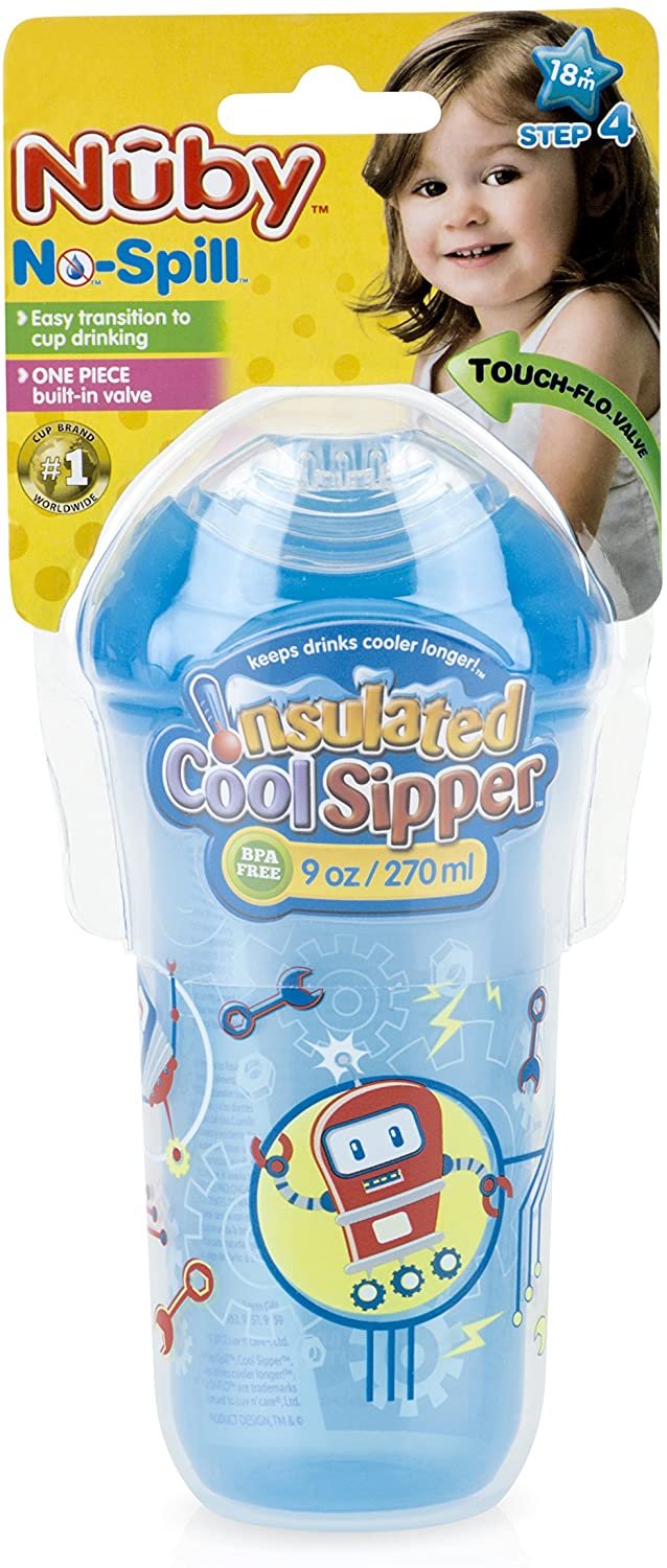nuby no-spill insulated cool sipper, 9 ounce, colors may vary