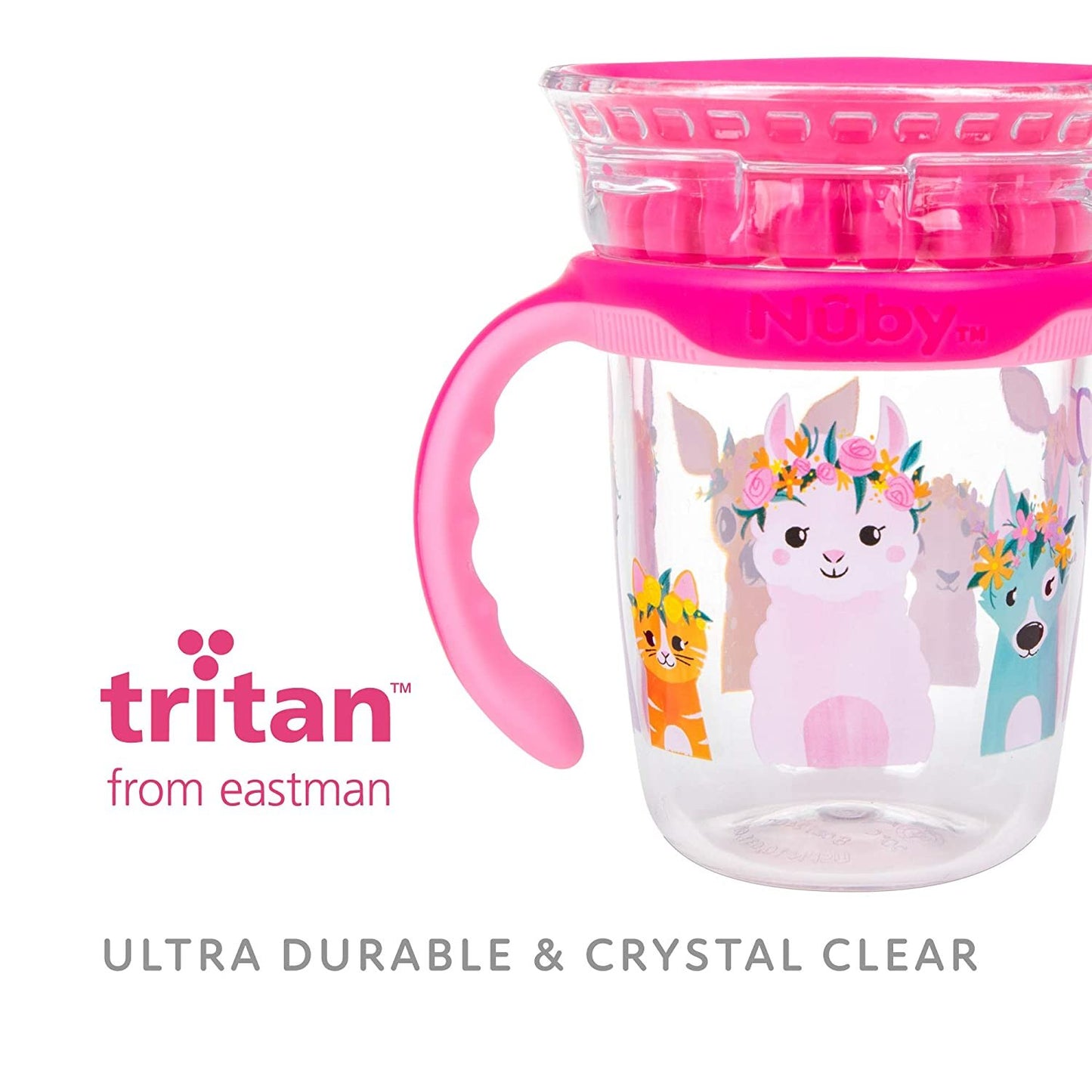 Luv N Care/NUBY Nuby 360 Edge 2 Stage Drinking Rim Cup with Removable Handles & hygienic Cover: 8 Oz/ 240 Ml, 12M+, Flower Crowns, Pink