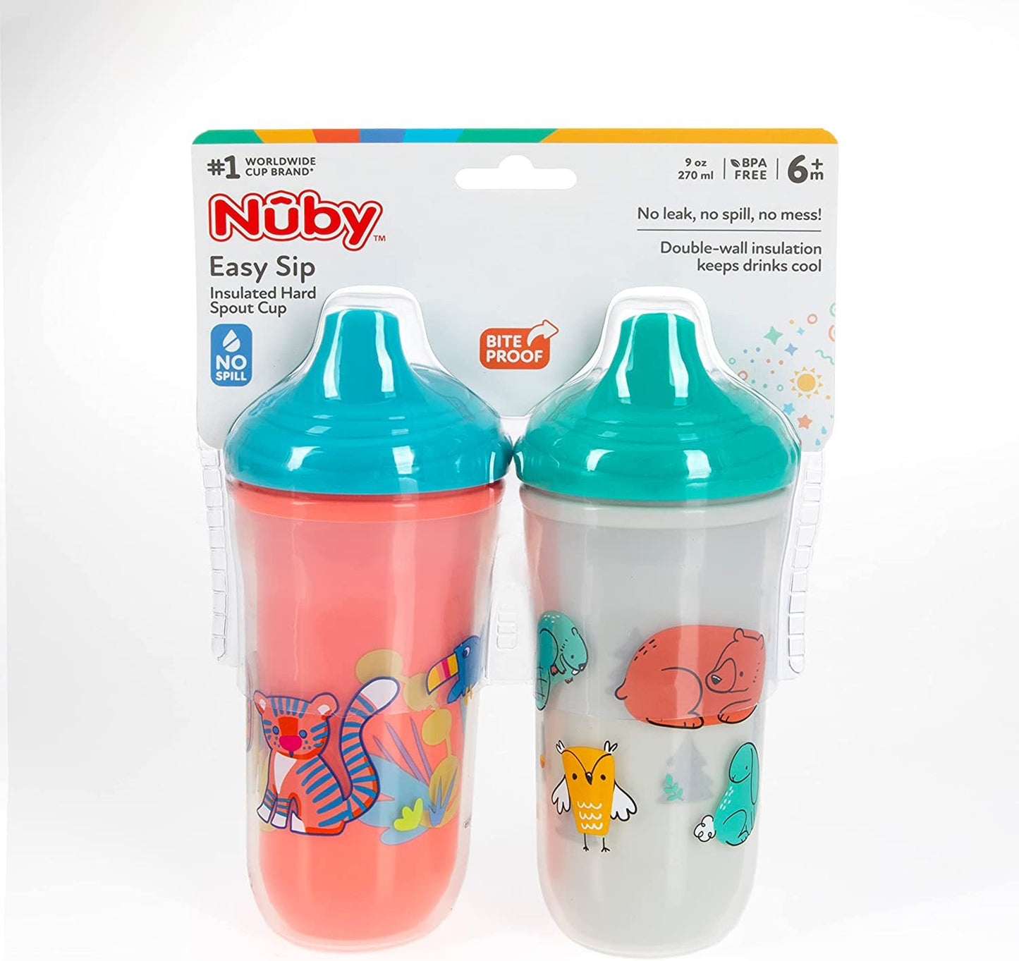 Nuby No-Spill Insulated Hard Spout 9 oz Cup, 2 Count Coral/White