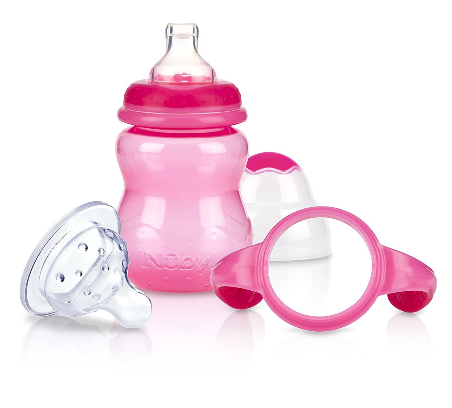 Nuby 3-Stage Wide Neck No Spill Bottle with Handles And Non-Drip Juice Spout, 3 Months, 8 Ounce, Teal
