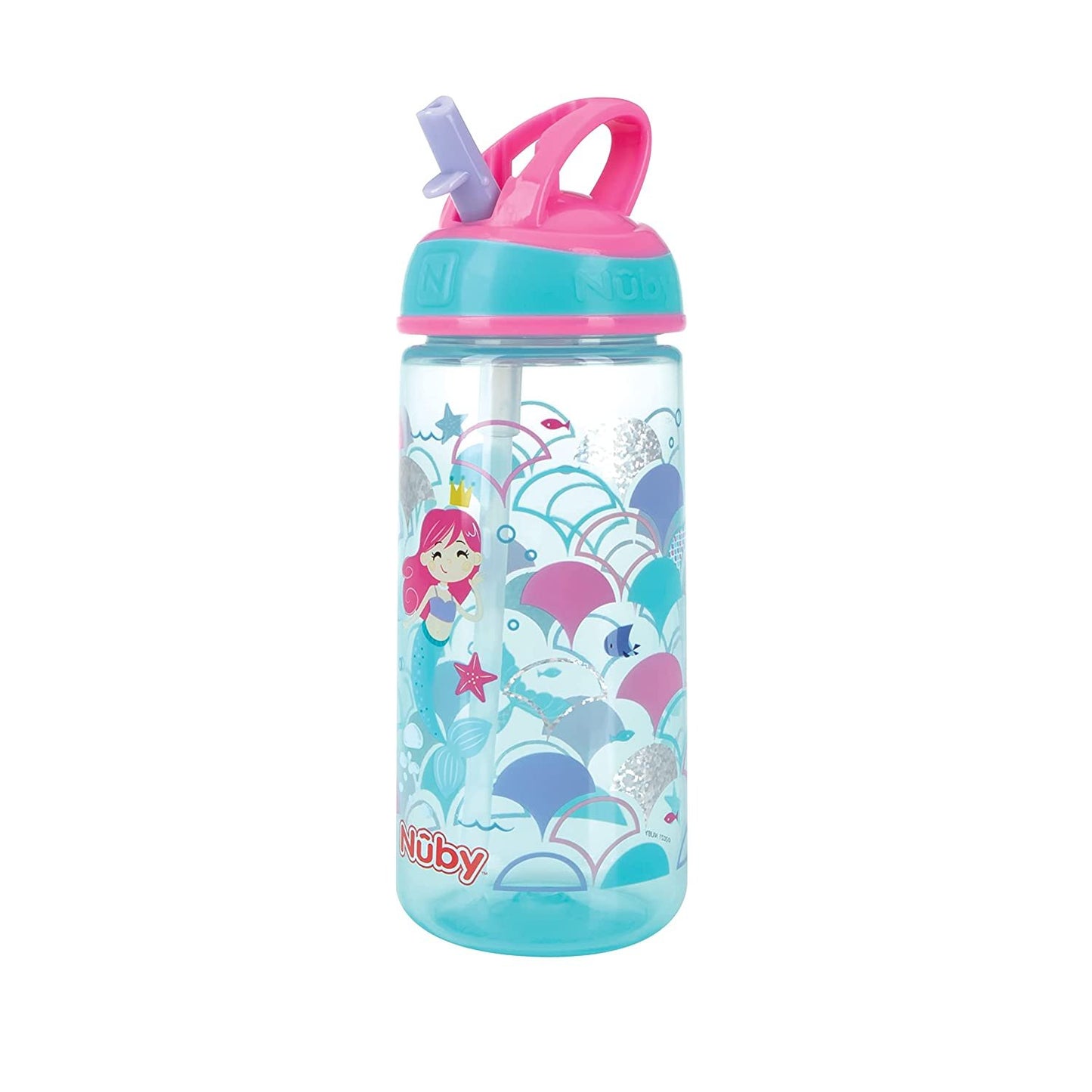 Nuby 2 Pack Iridescent Flip-it Kids On-The-Go Printed Water Bottle with Bite Proof Hard Straw - 18oz / 540 ml, 18+ Months, 2 pk Prints May Vary