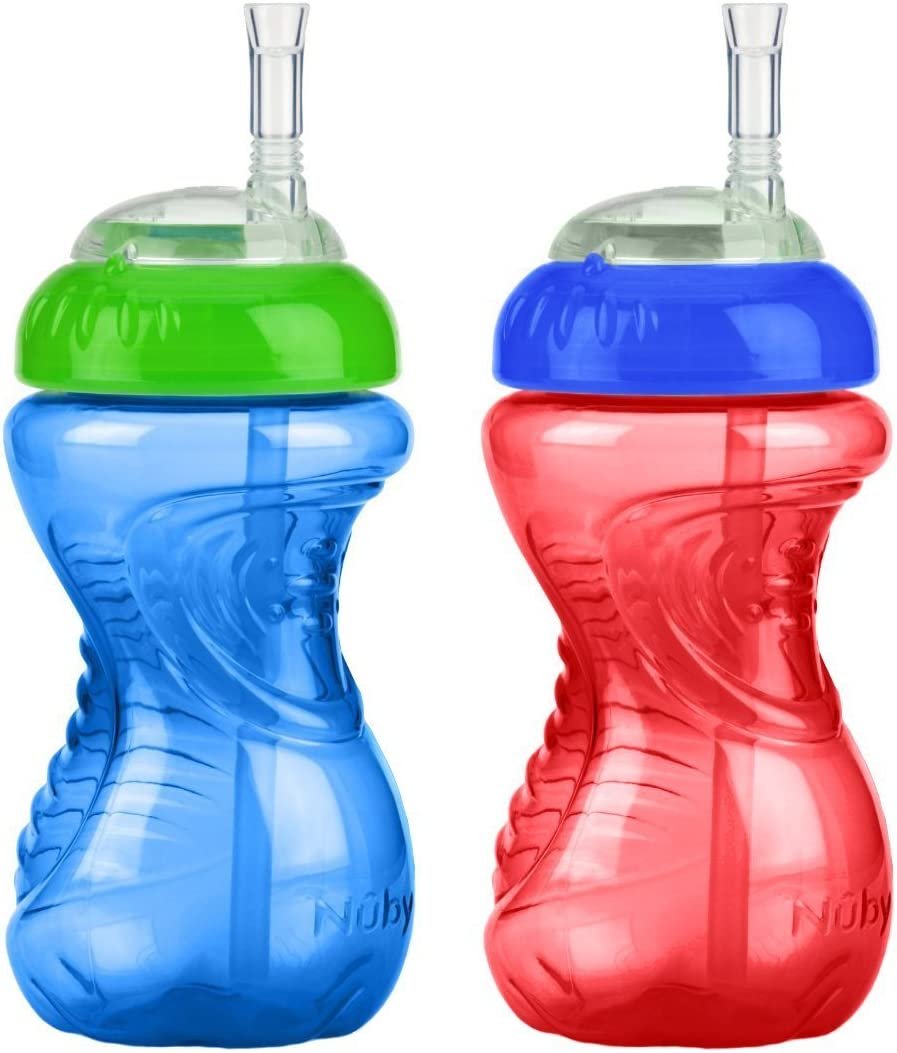 Nuby 2-Pack 10 oz No-Spill Cup with Flexi Straw- Red/Blue