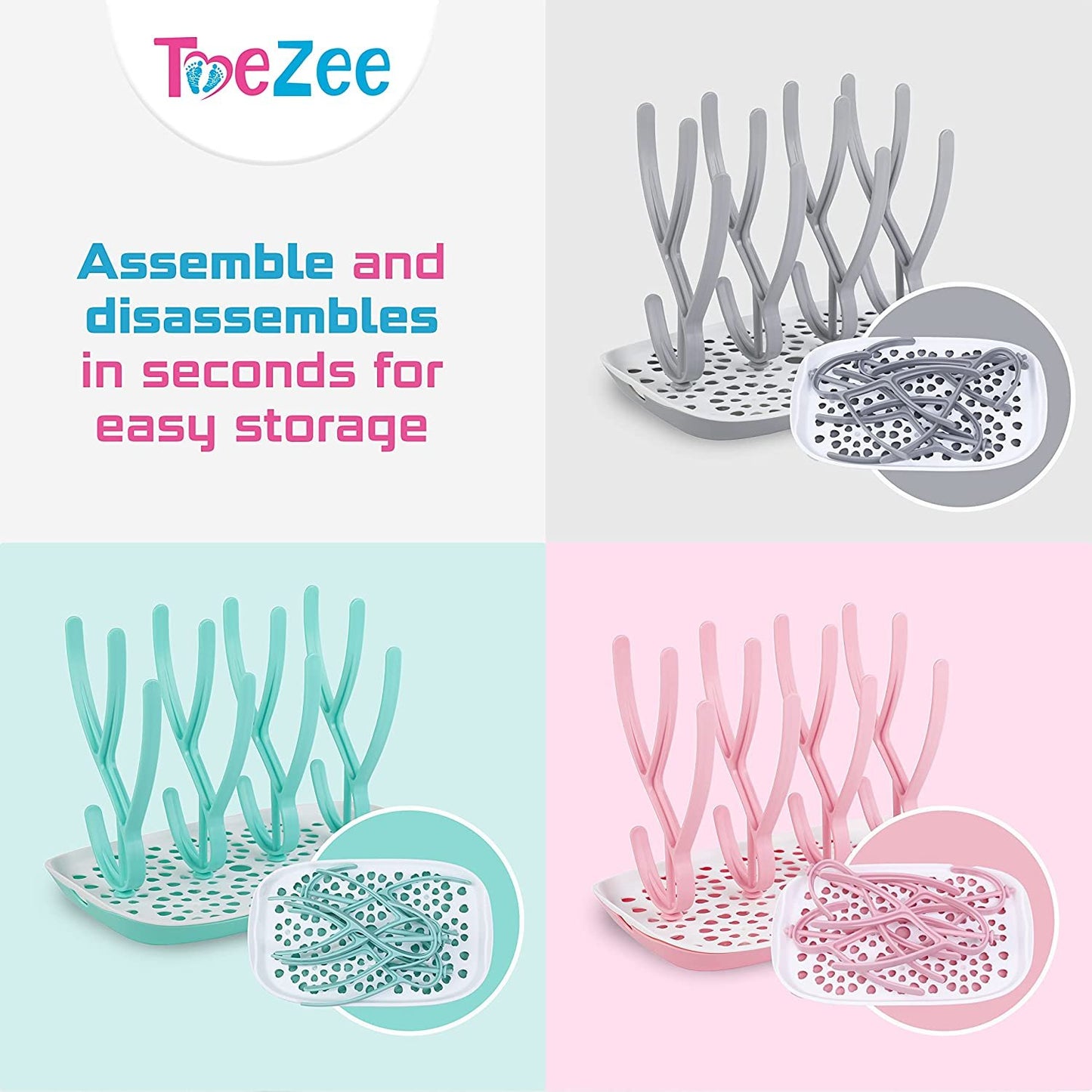 ToeZee Baby Bottle Drying Rack Space Saving Countertop Baby Bottle Holder, Drying Rack for Baby Bottles Accessories - Stores Up to 12 Bottles, Dishwasher Safe (Aqua)