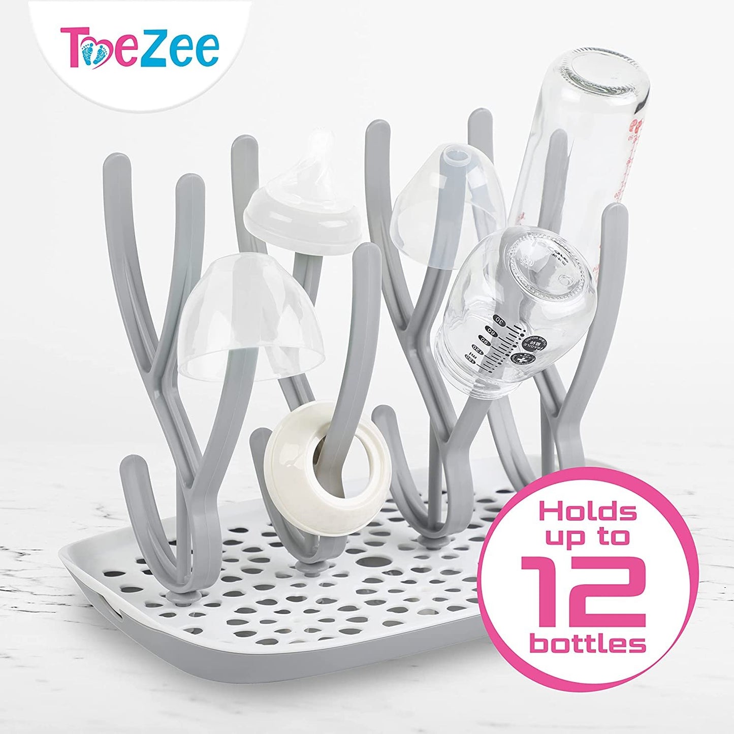 ToeZee Baby Bottle Drying Rack Space Saving Countertop Baby Bottle Holder, Drying Rack for Baby Bottles Accessories - Stores Up to 12 Bottles, Dishwasher Safe (Pink)