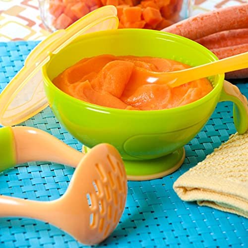 Nuby Garden Fresh Mash N' Feed Bowl with Spoon and Food Masher (Red/Green)