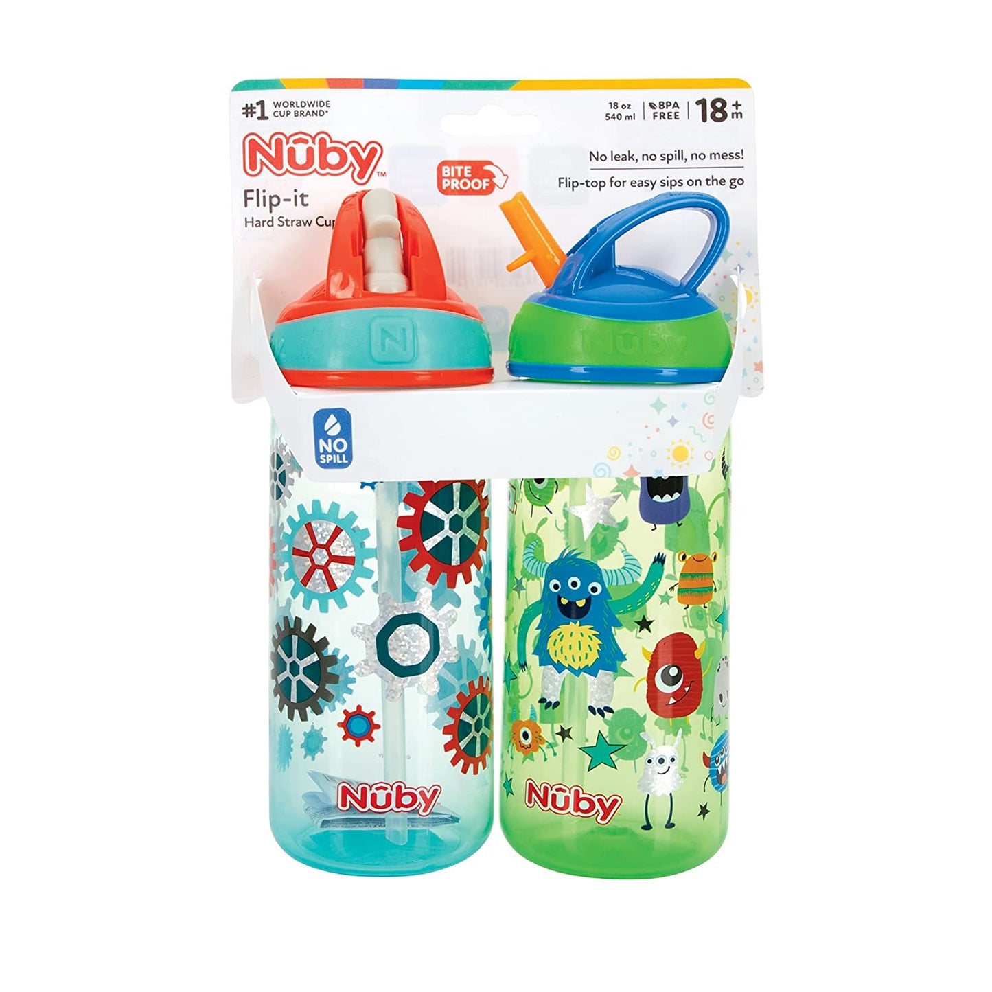 Nuby 2 Pack Iridescent Flip-it Kids On-The-Go Printed Water Bottle with Bite Proof Hard Straw - 18oz / 540 ml, 18+ Months, 2 pk Prints May Vary