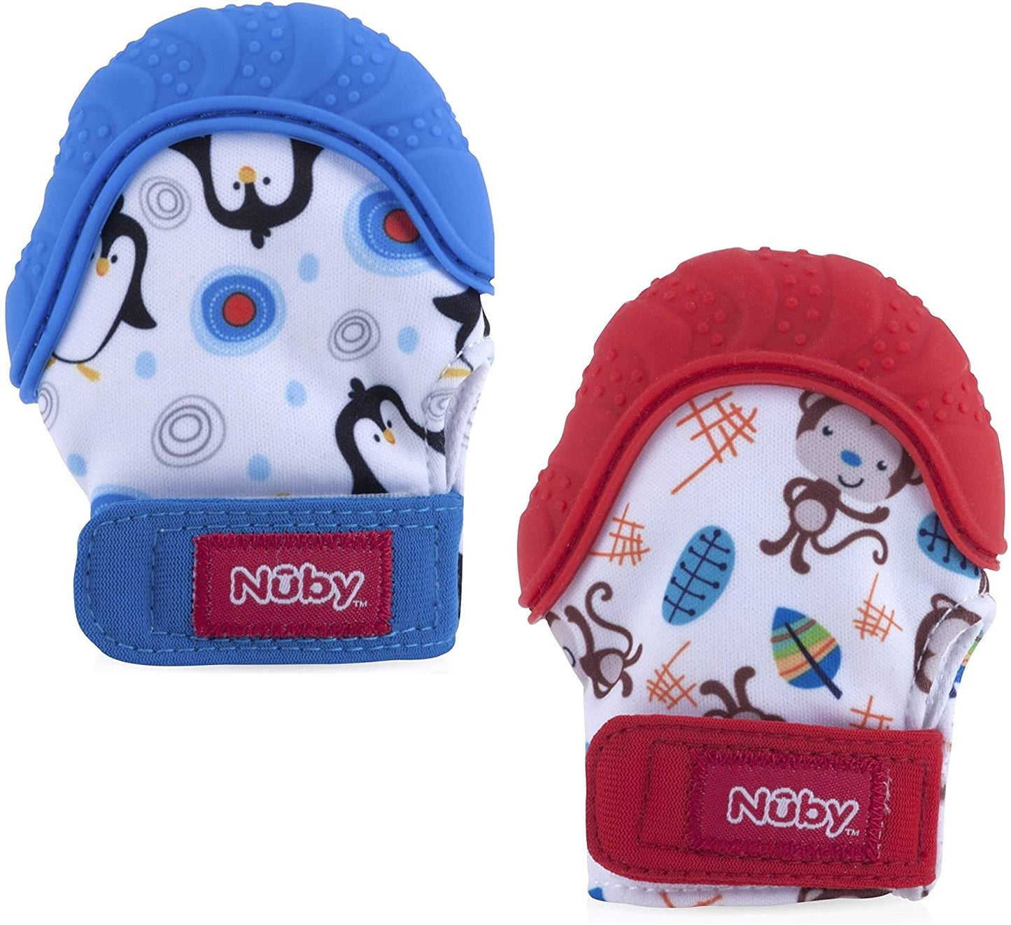 nuby soothing teething mitten 2-pack| grey bears and blue penguins