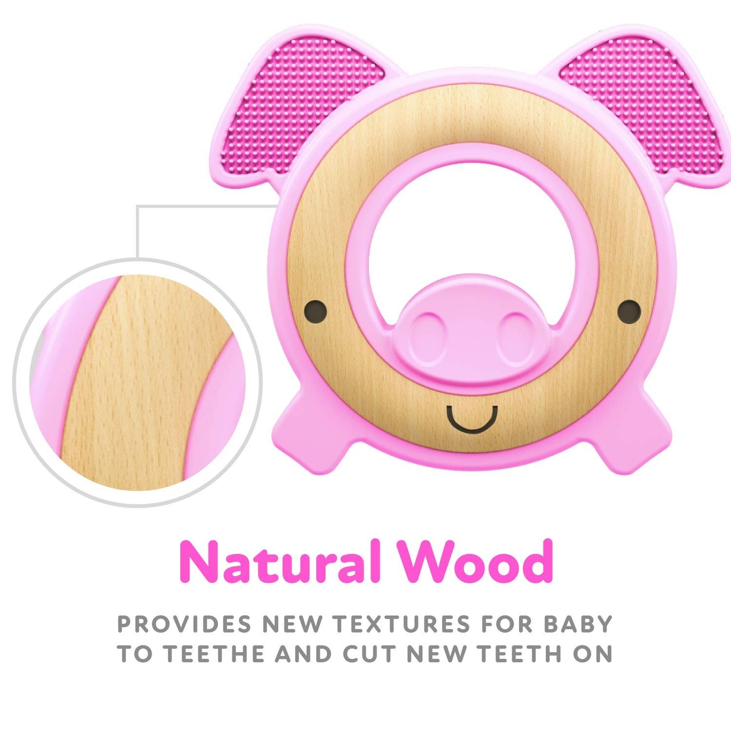 Luv N Care/NUBY Natural Wood & Silicone Teether: Pig, 3M+, Pink (80803)
