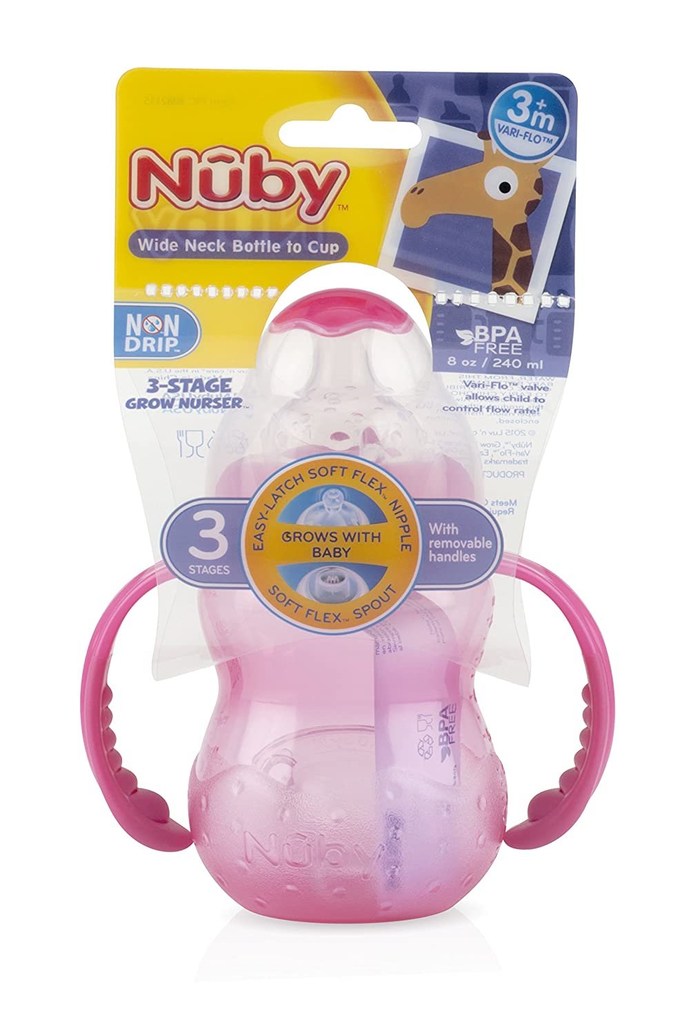 Nuby 3-Stage Wide Neck No Spill Bottle with Handles And Non-Drip Juice Spout, 3 Months, 8 Ounce, Teal
